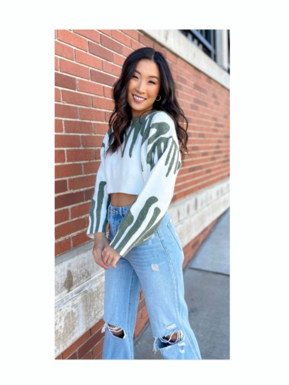 Altar'd State Blue and Ivory Cropped "Spray Paint Sweater"